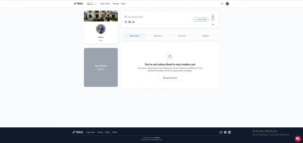 Dashboard zur Erstellung eines Copy Trade Providers bei Traia 