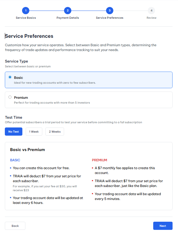 creating a copy trade provider account on Traia 