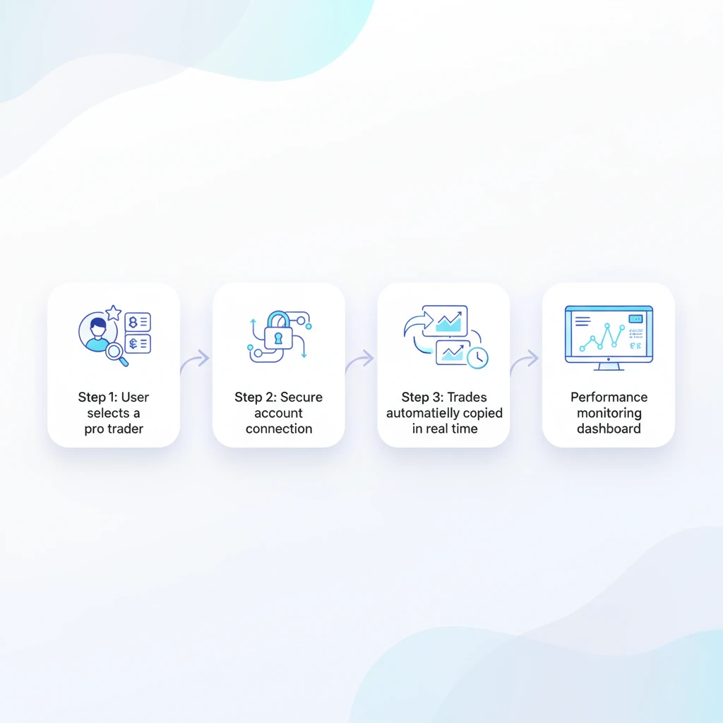 Infographic showing copy trading workflow step by step between trader and user account